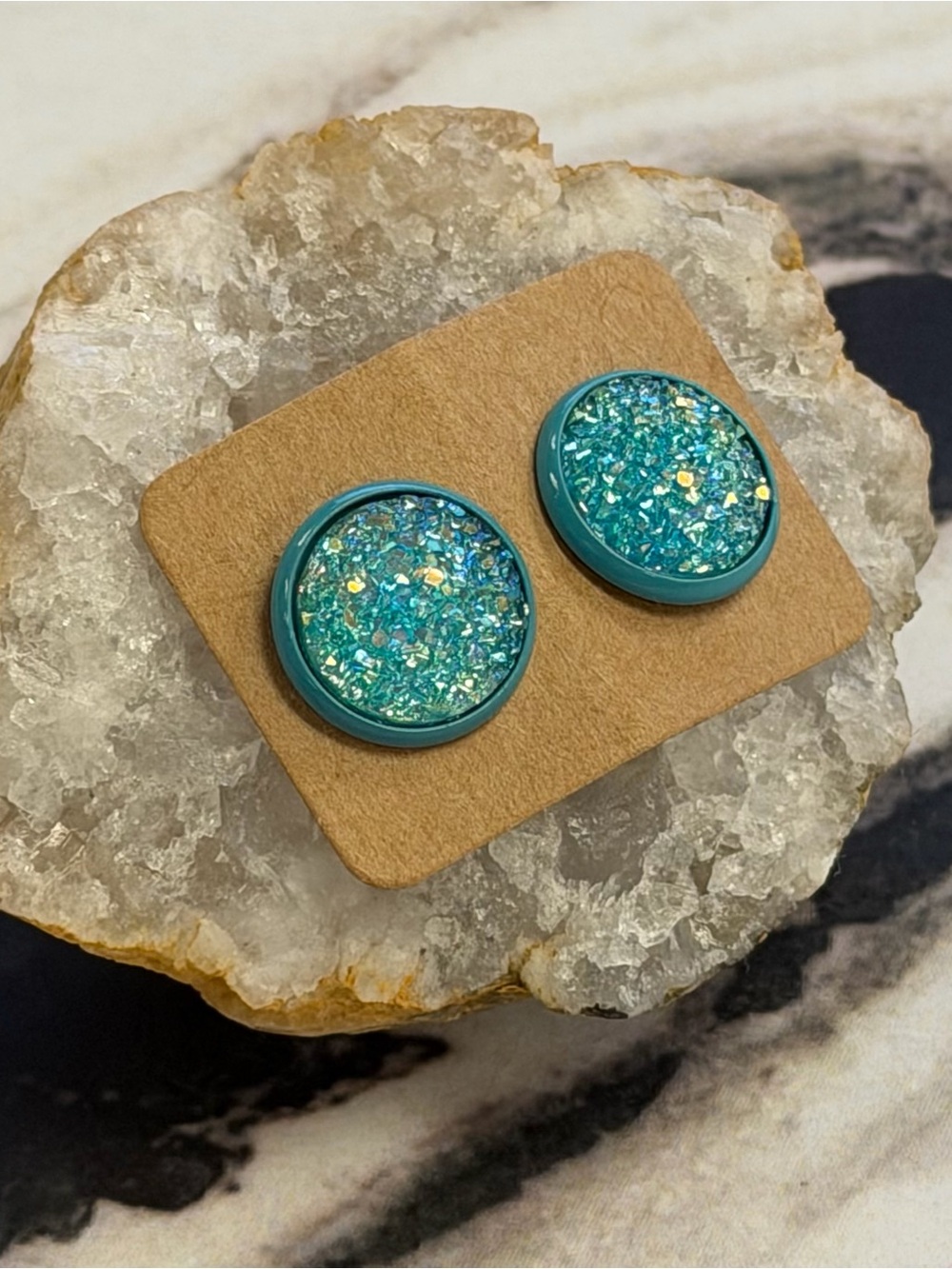 JSCatalog Teal Glitter Round Druzy Stud Earrings